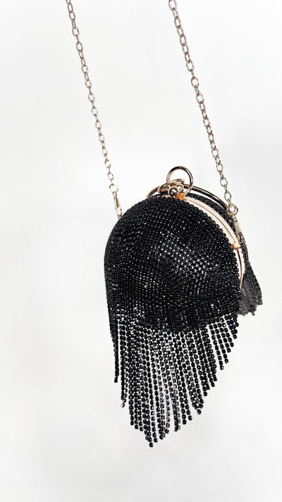 Black Rhinestone Fringe Ball Pendant Clutch
