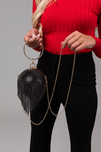 Black Rhinestone Fringe Ball Pendant Clutch
