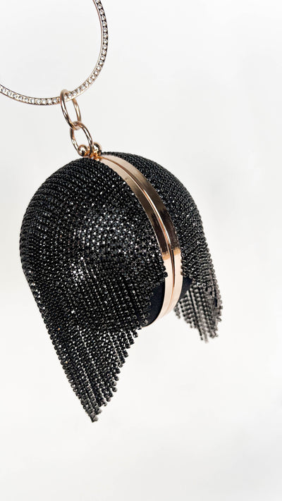 Black Rhinestone Fringe Ball Pendant Clutch