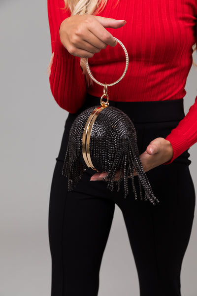 Black Rhinestone Fringe Ball Pendant Clutch