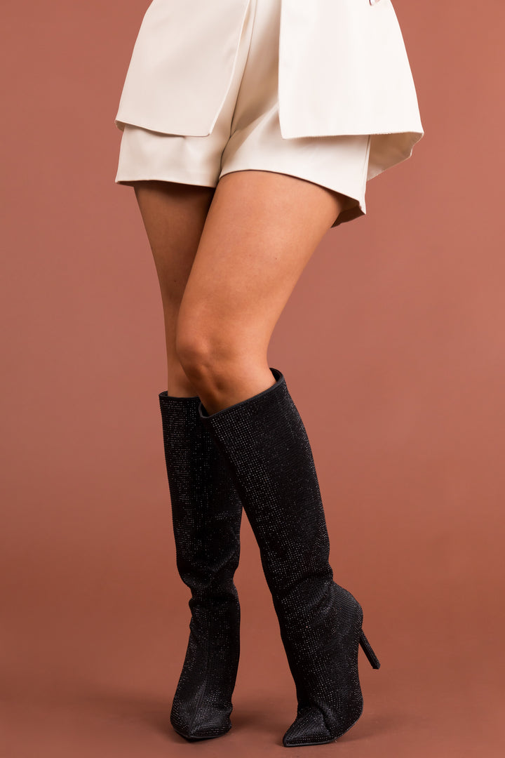 Black Rhinestone High Heel Pointed Toe Boots