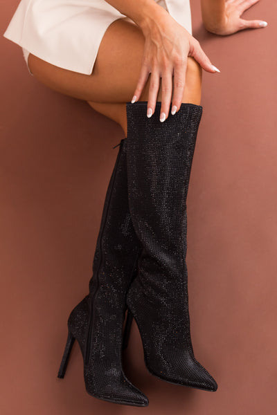 Black Rhinestone High Heel Pointed Toe Boots