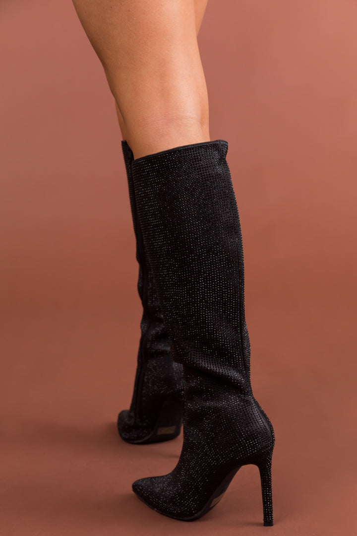 Black Rhinestone High Heel Pointed Toe Boots