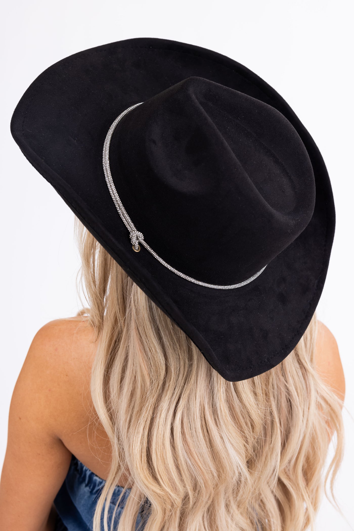 Black Rhinestone Rope Strap Faux Suede Cowboy Hat