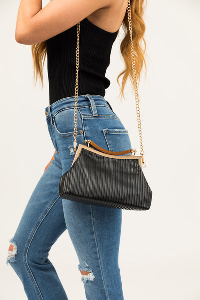 Black Ribbed Faux Leather Clutch with Chain Strap
