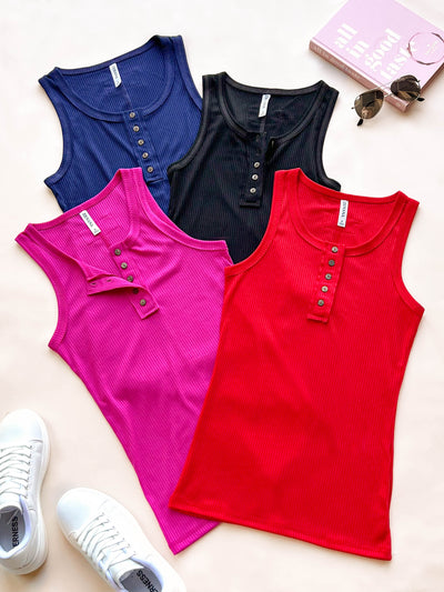 Black Ribbed Knit Henley Tank Top