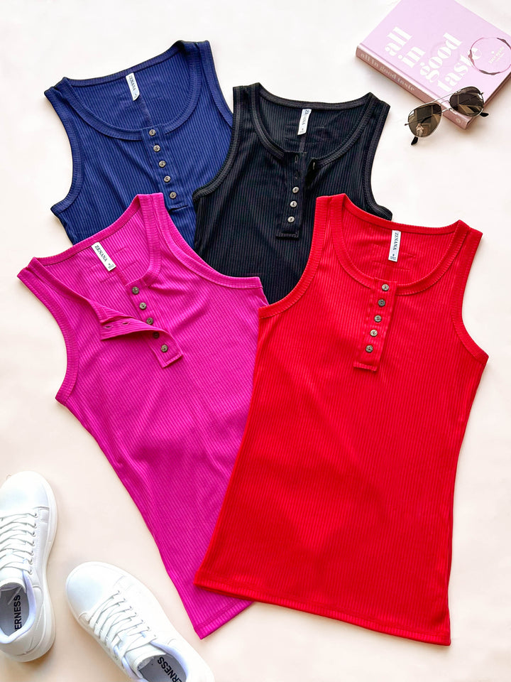 Black Ribbed Knit Henley Tank Top