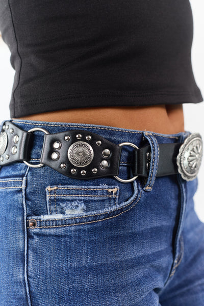 Black Ring Linked Studded Faux Leather Belt