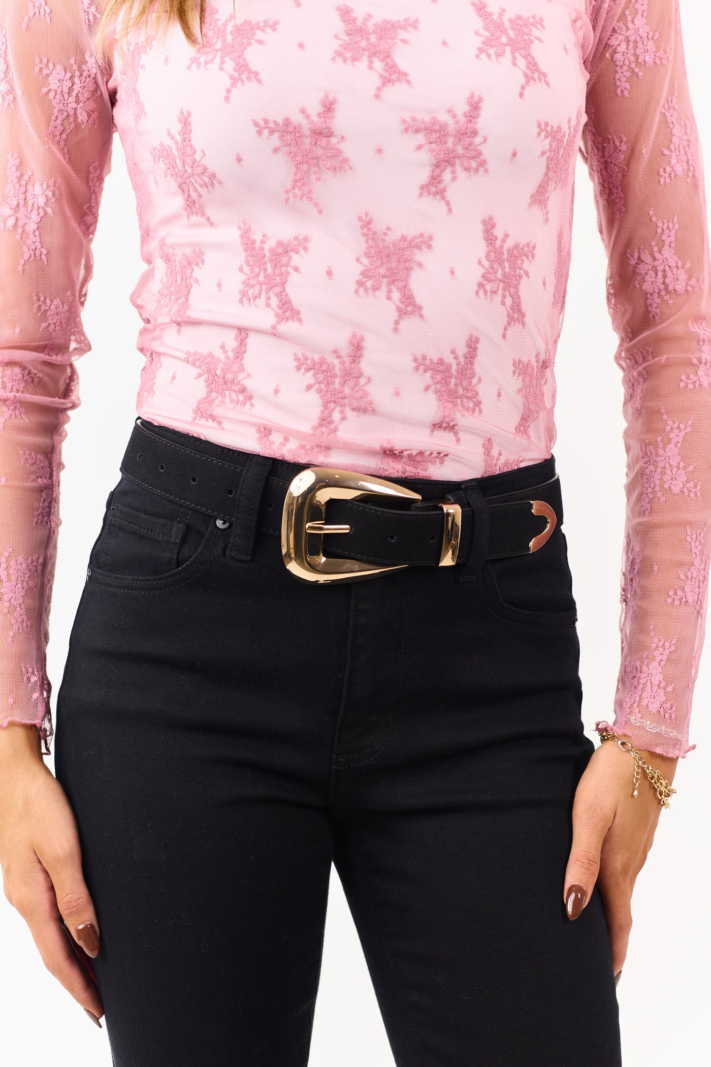 Black Rough Leather Gold Buckle Belt