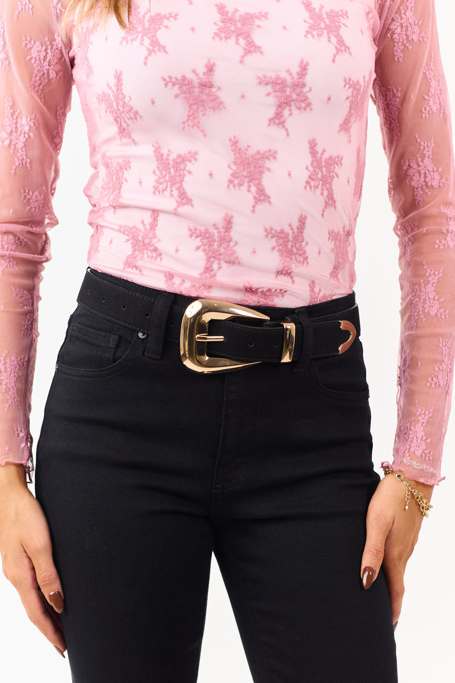 Black Rough Leather Gold Buckle Belt