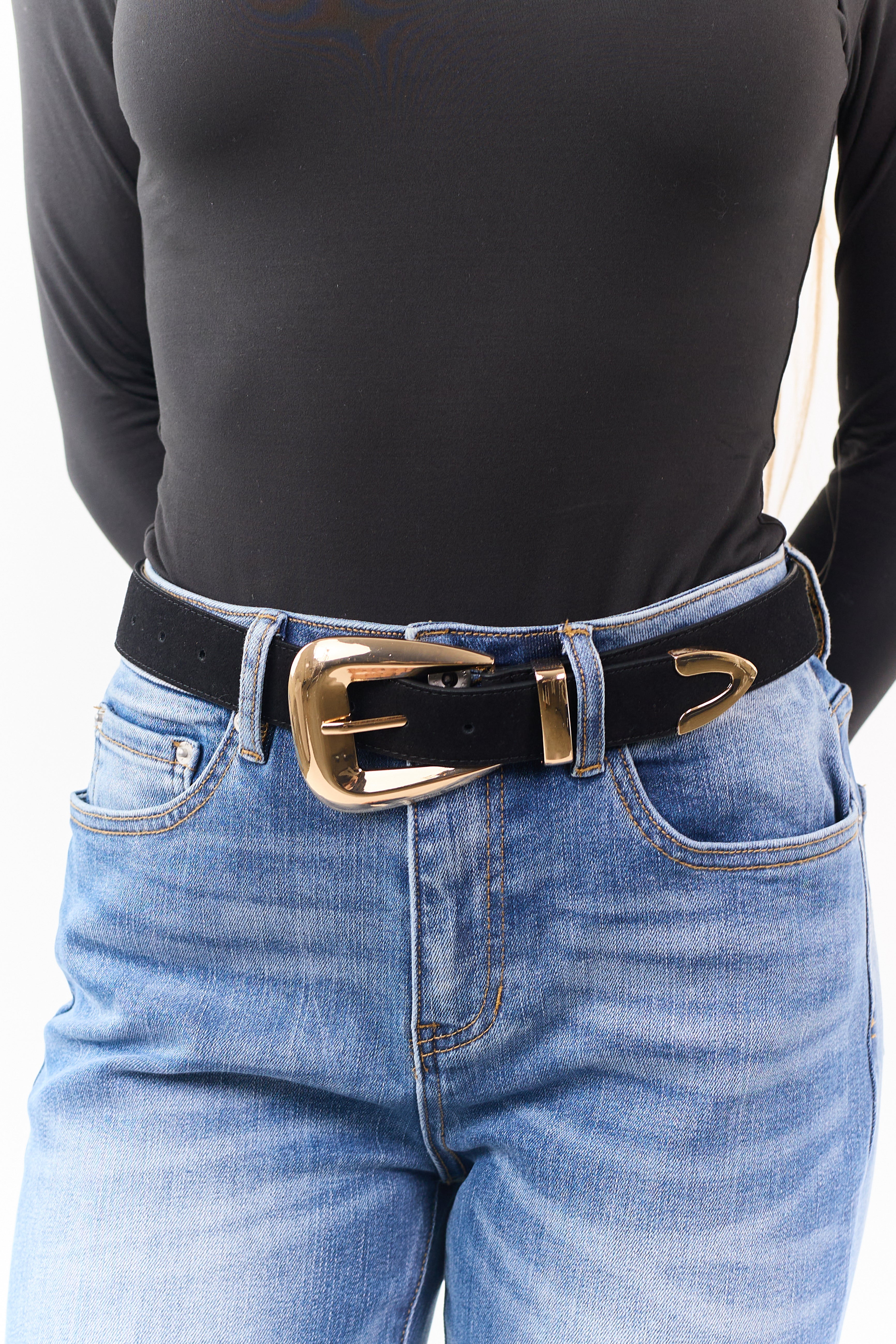 Black Rough Leather Gold Buckle Belt