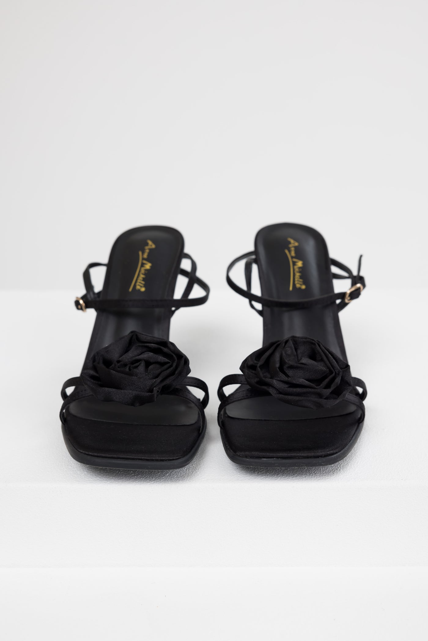 Black Satin Flower Strap Dress Heels Black Satin Flower Strap Dress Heels