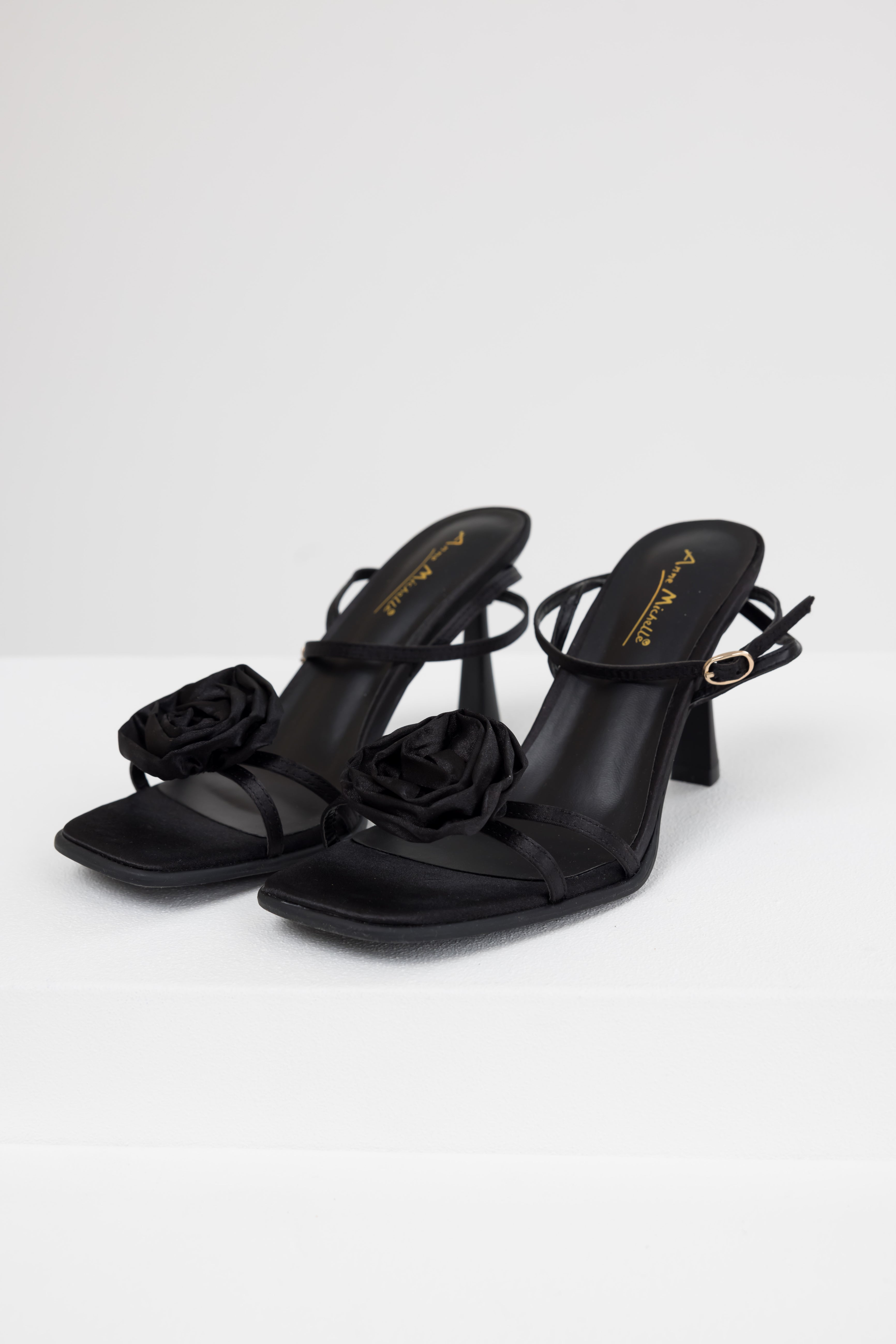 Black Satin Flower Strap Dress Heels Black Satin Flower Strap Dress Heels