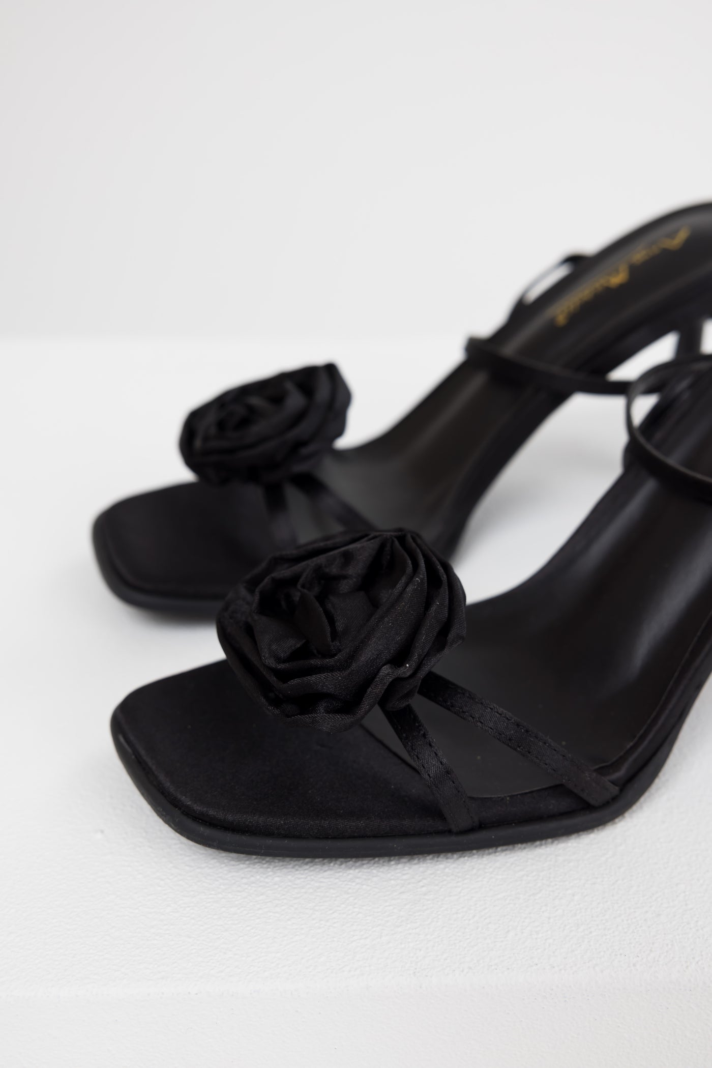 Black Satin Flower Strap Dress Heels