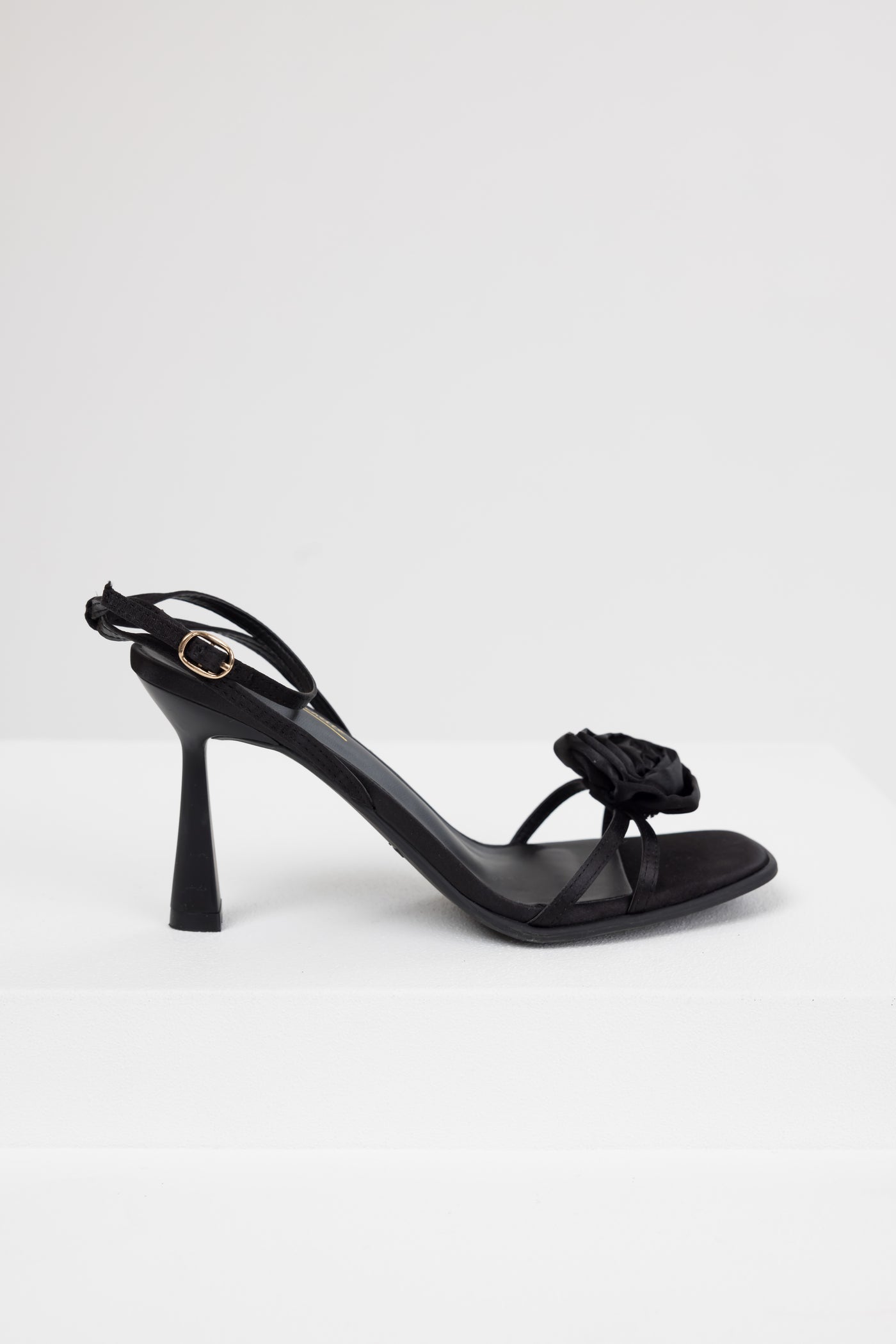 Black Satin Flower Strap Dress Heels Black Satin Flower Strap Dress Heels