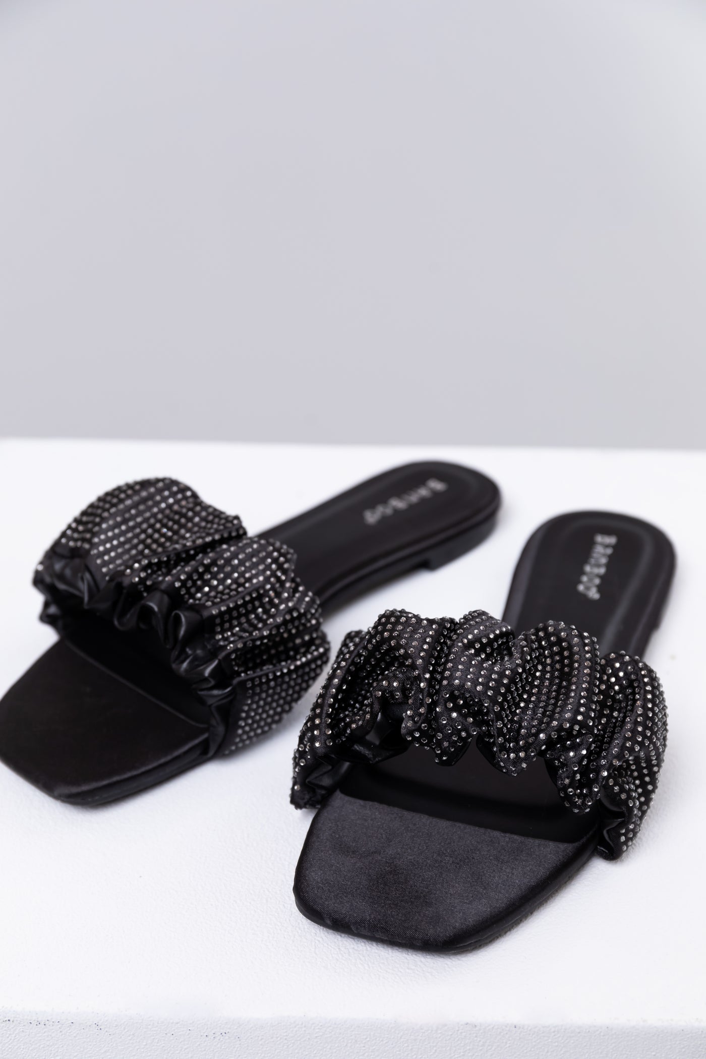 Black Satin Ruched Rhinestone Strap Sandals