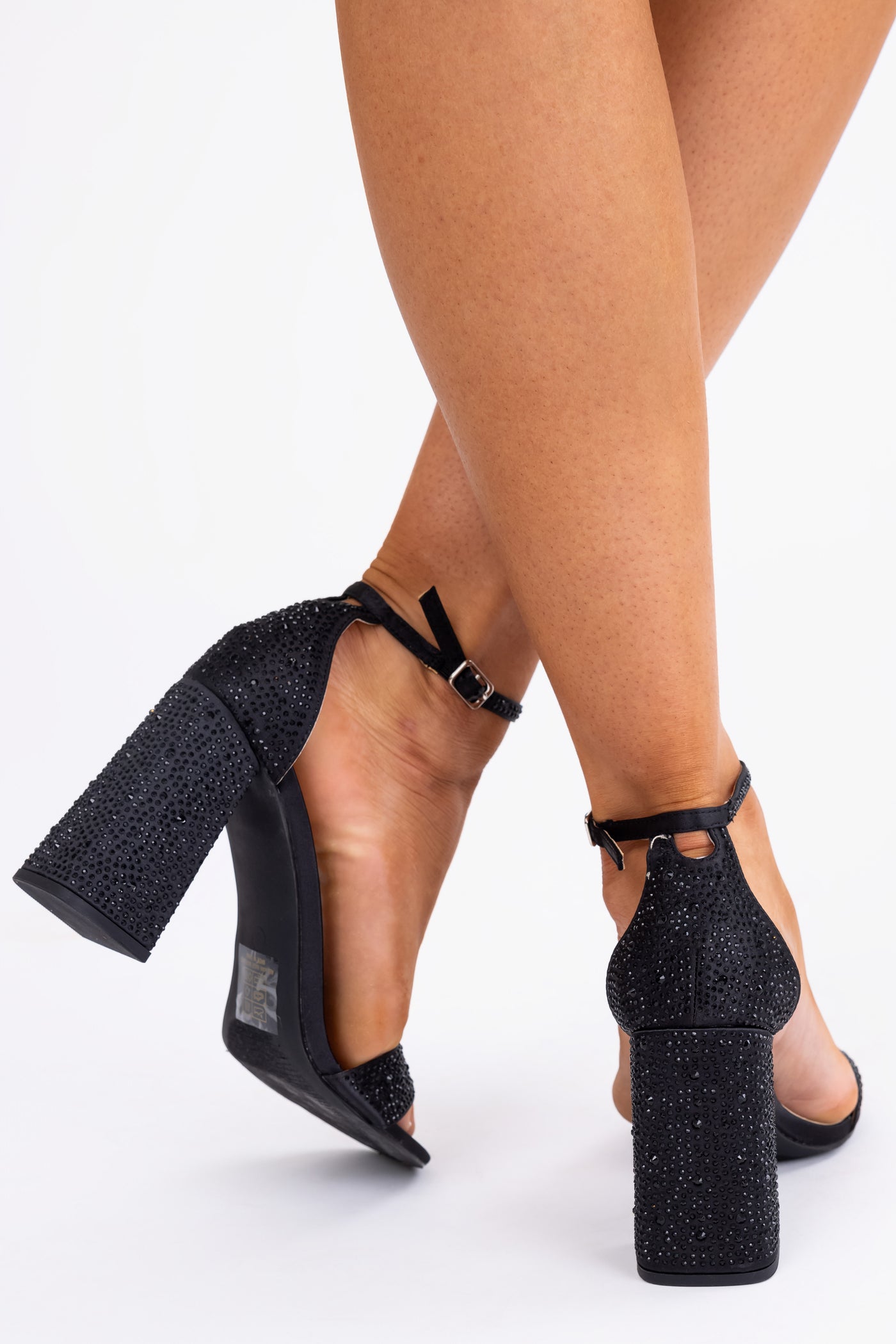 Black Sequined Satin Block Heels