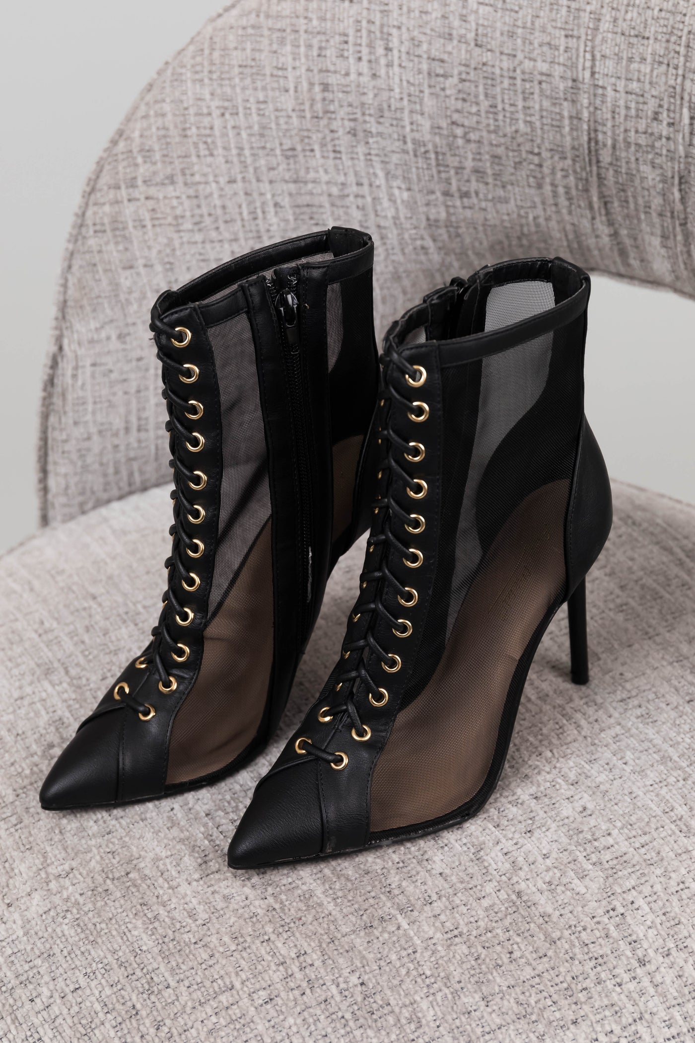 Black Sheer Mesh Lace Up Stiletto Booties