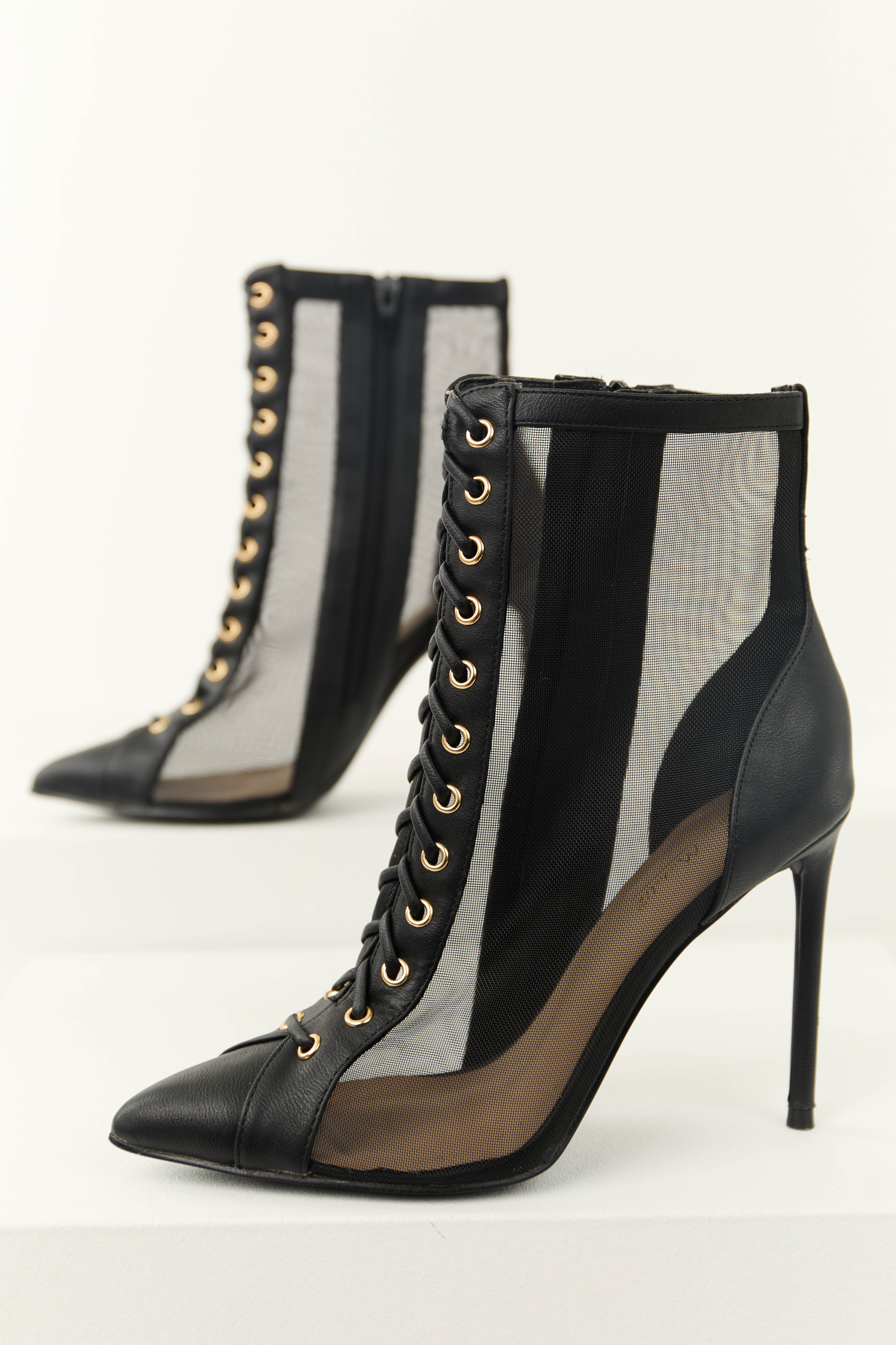 Black Sheer Mesh Lace Up Stiletto Booties Black Sheer Mesh Lace Up Stiletto Booties