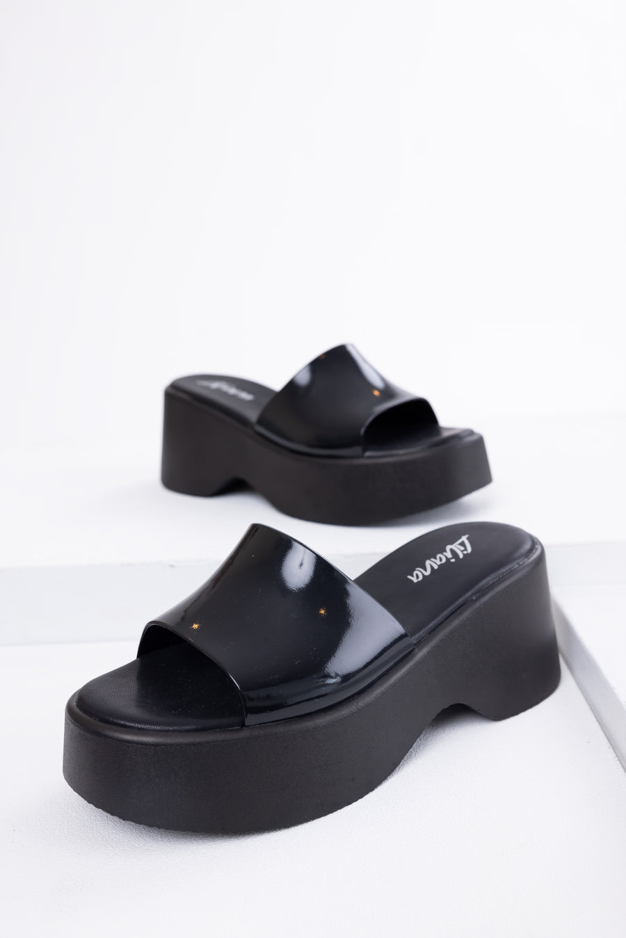 Black Single Band Platform Wedge Sandals