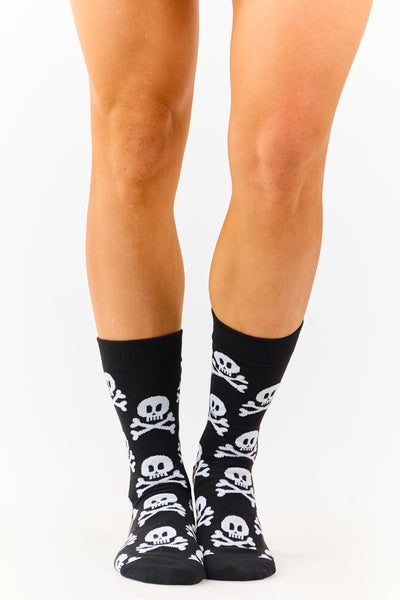 Black Skull and Crossbones Print Crew Socks