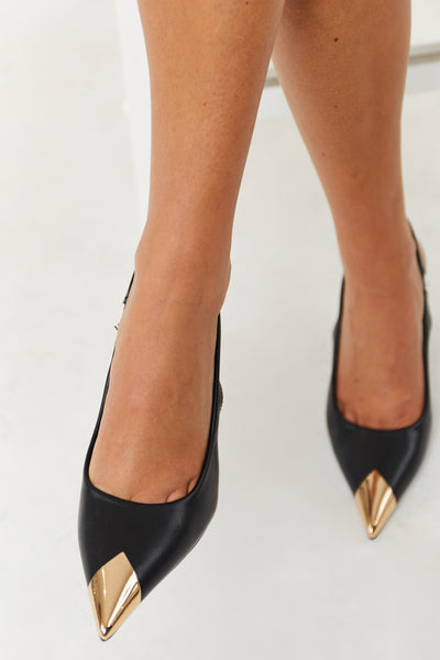 Black Slingback Heels with Gold Pointed Toe