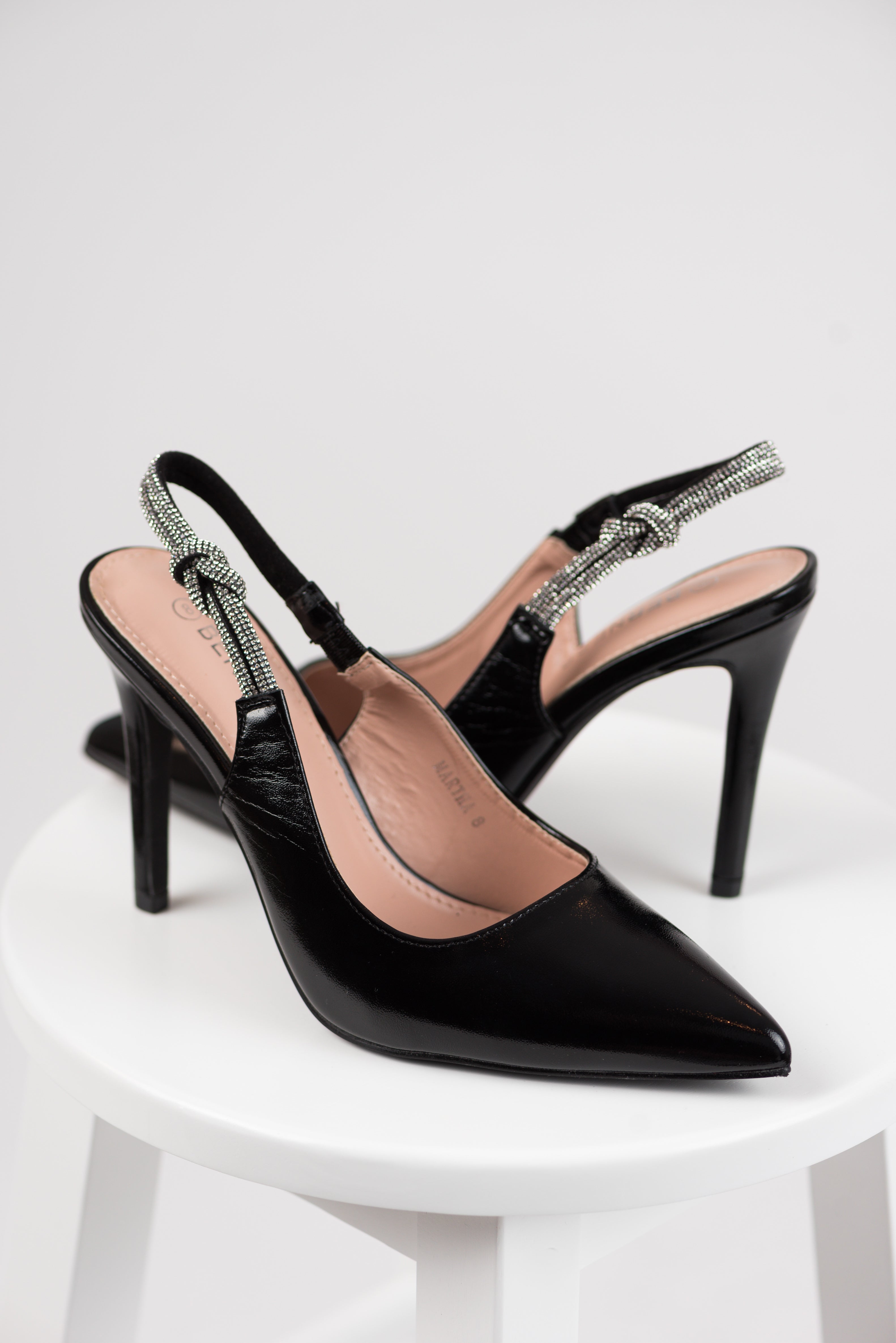 Black Slingback Rhinestone Strap Pointed Heels