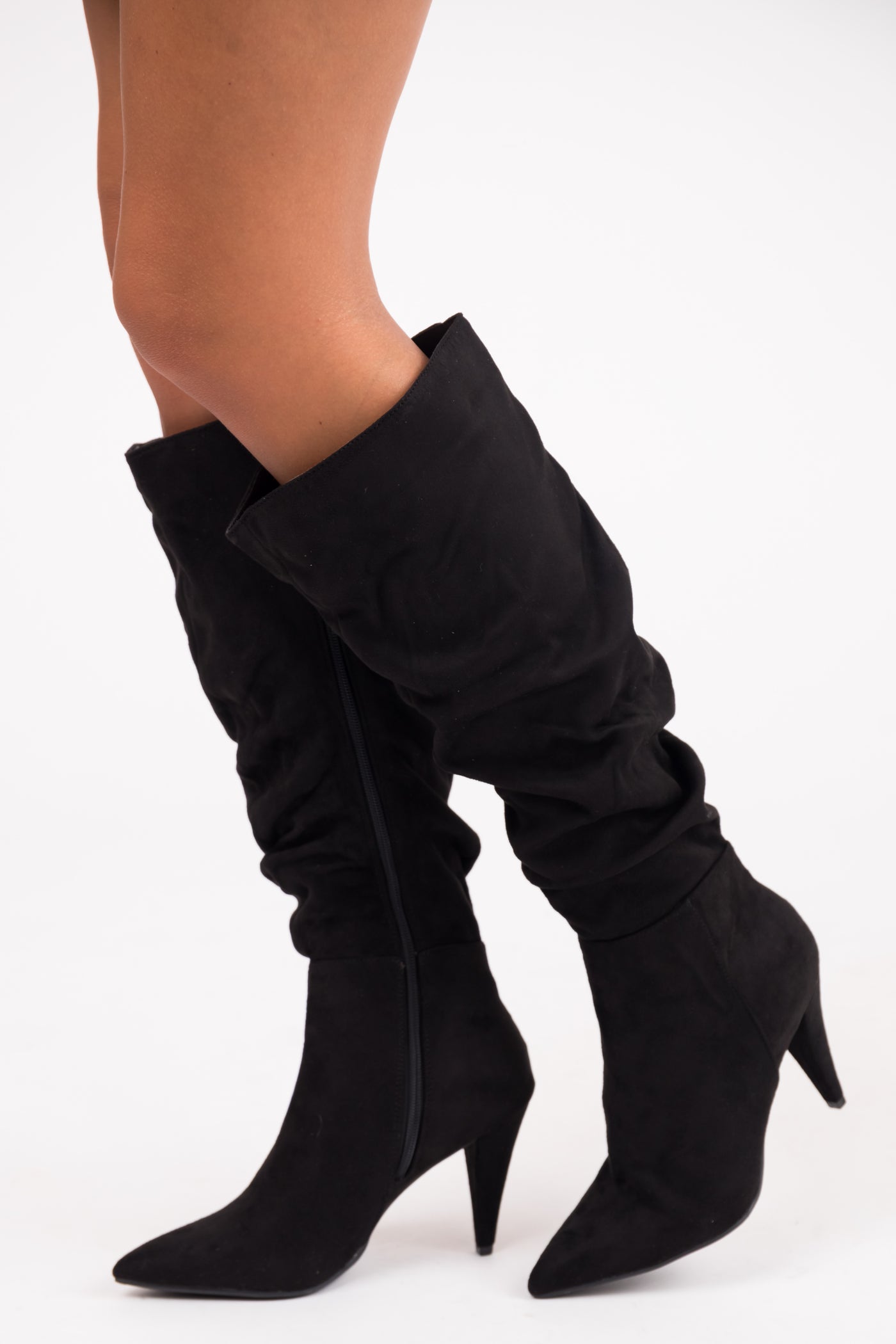 Black Slouchy Side Zip Up Pointed Heel Boots