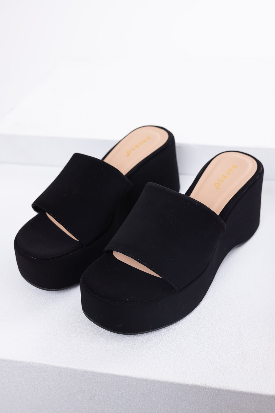 Black Soft Suede Platform Wedge Sandals