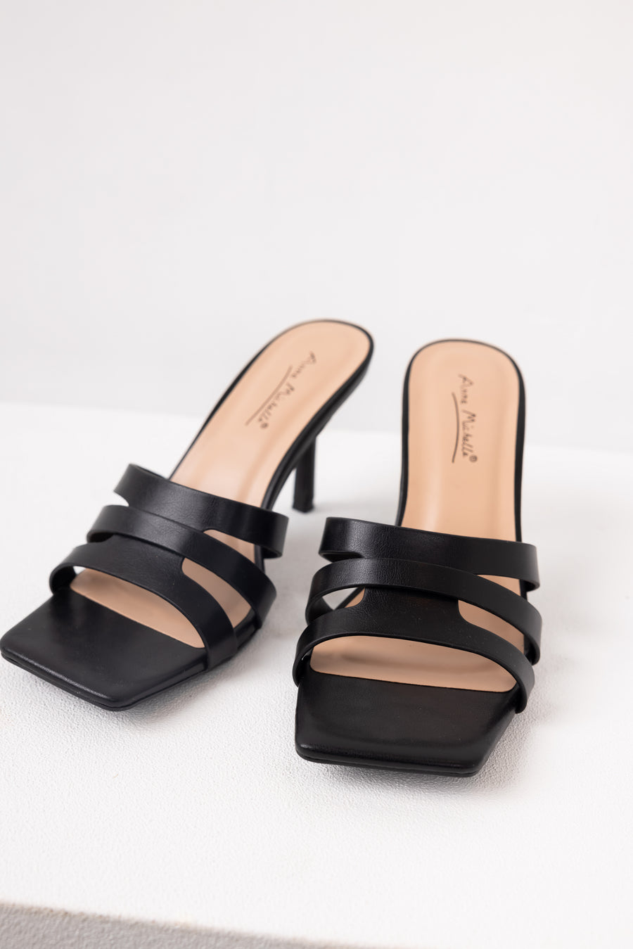 Black Square Toe Cut Out Strap Heels
