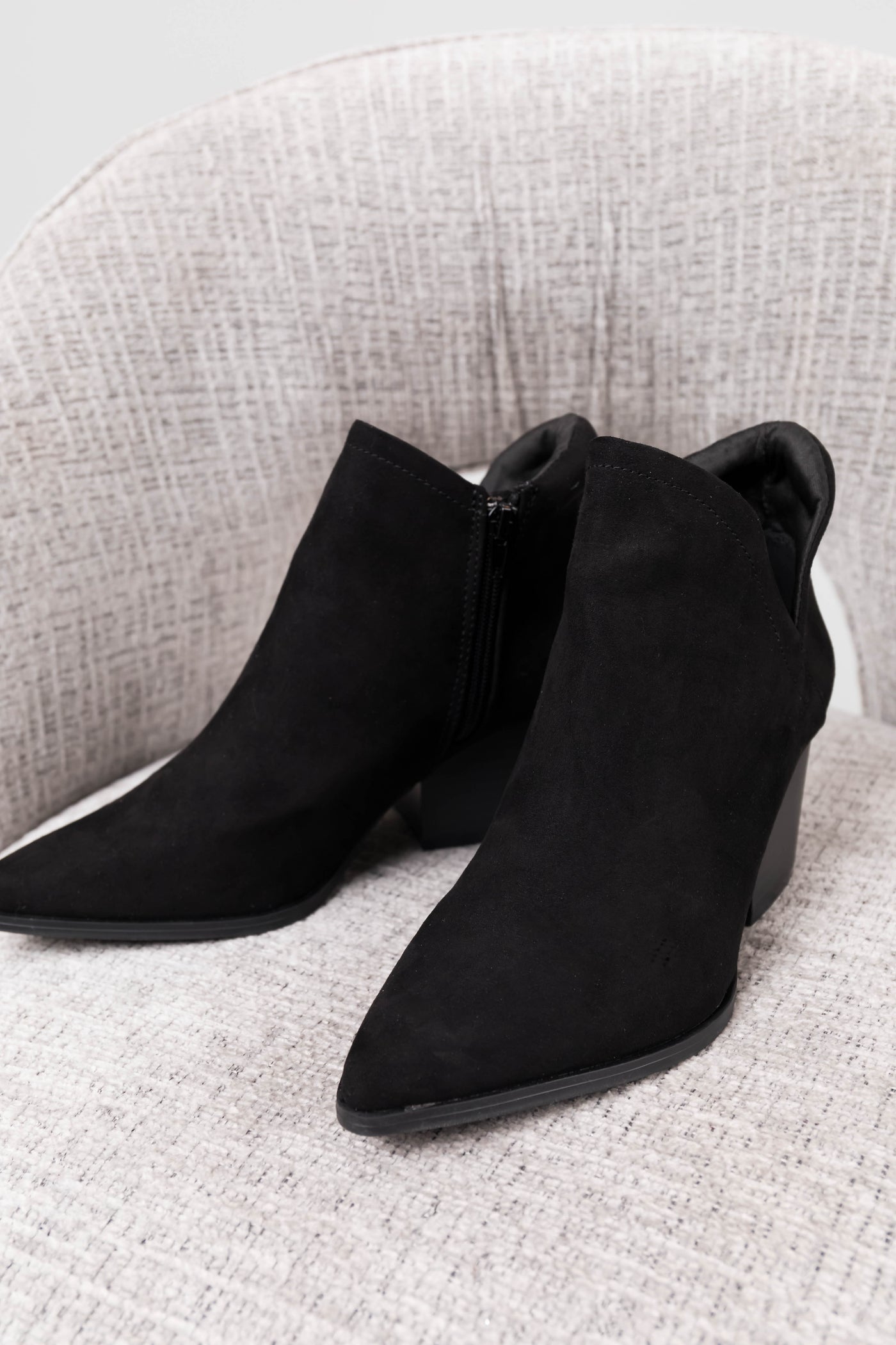 Black Suede Pointed Toe Side Slit Booties | Lime Lush