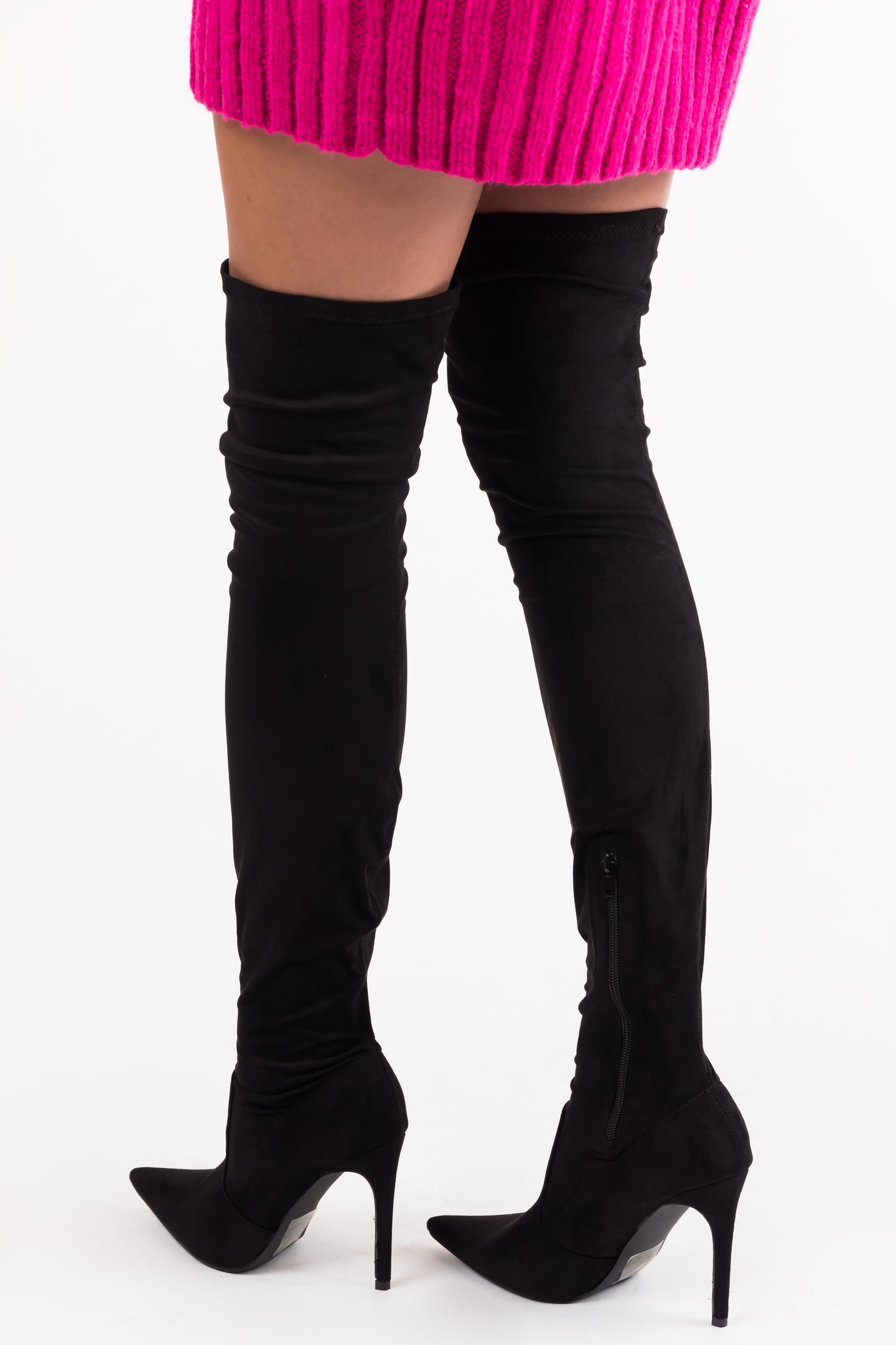 Black Suede Pointy Toe Thigh High Heel Boots