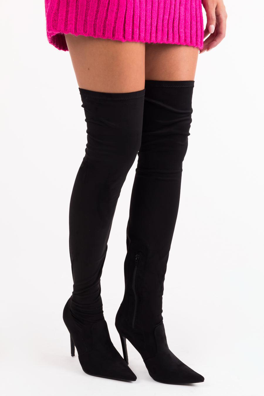 Black Suede Pointy Toe Thigh High Heel Boots