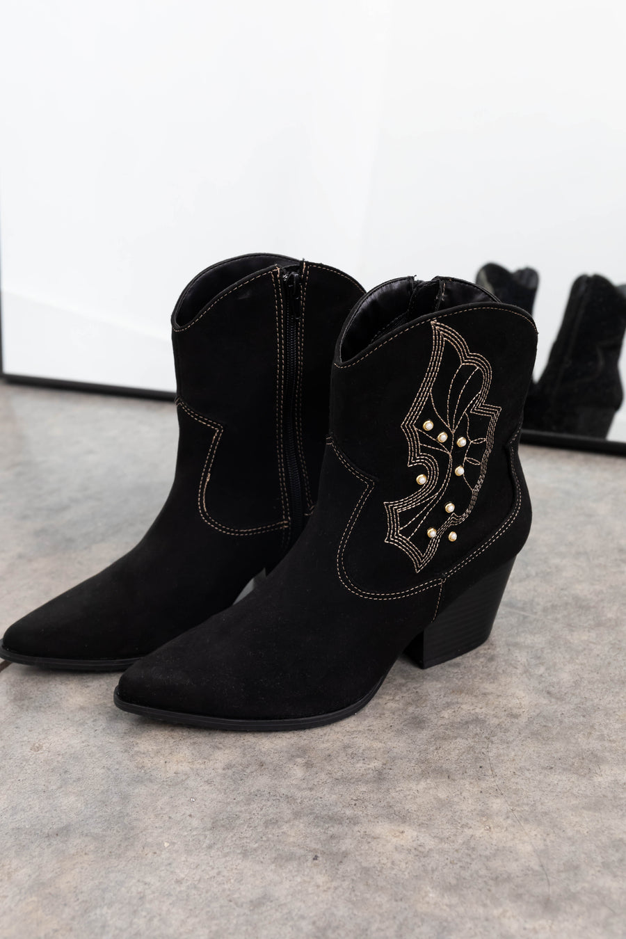 Black Suede Studded Western Style Booties