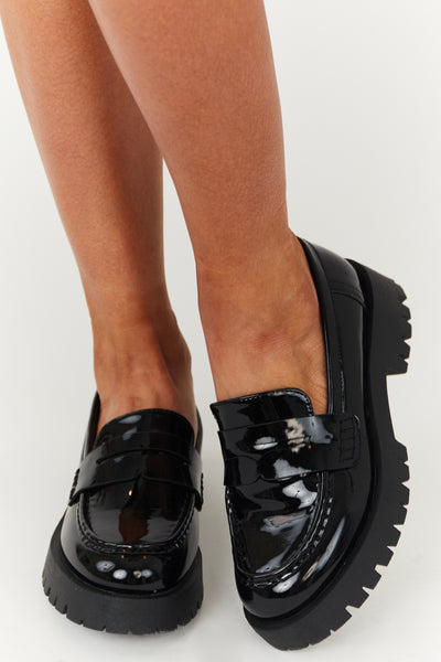 Black Treaded Sole Platform Penny Loafers