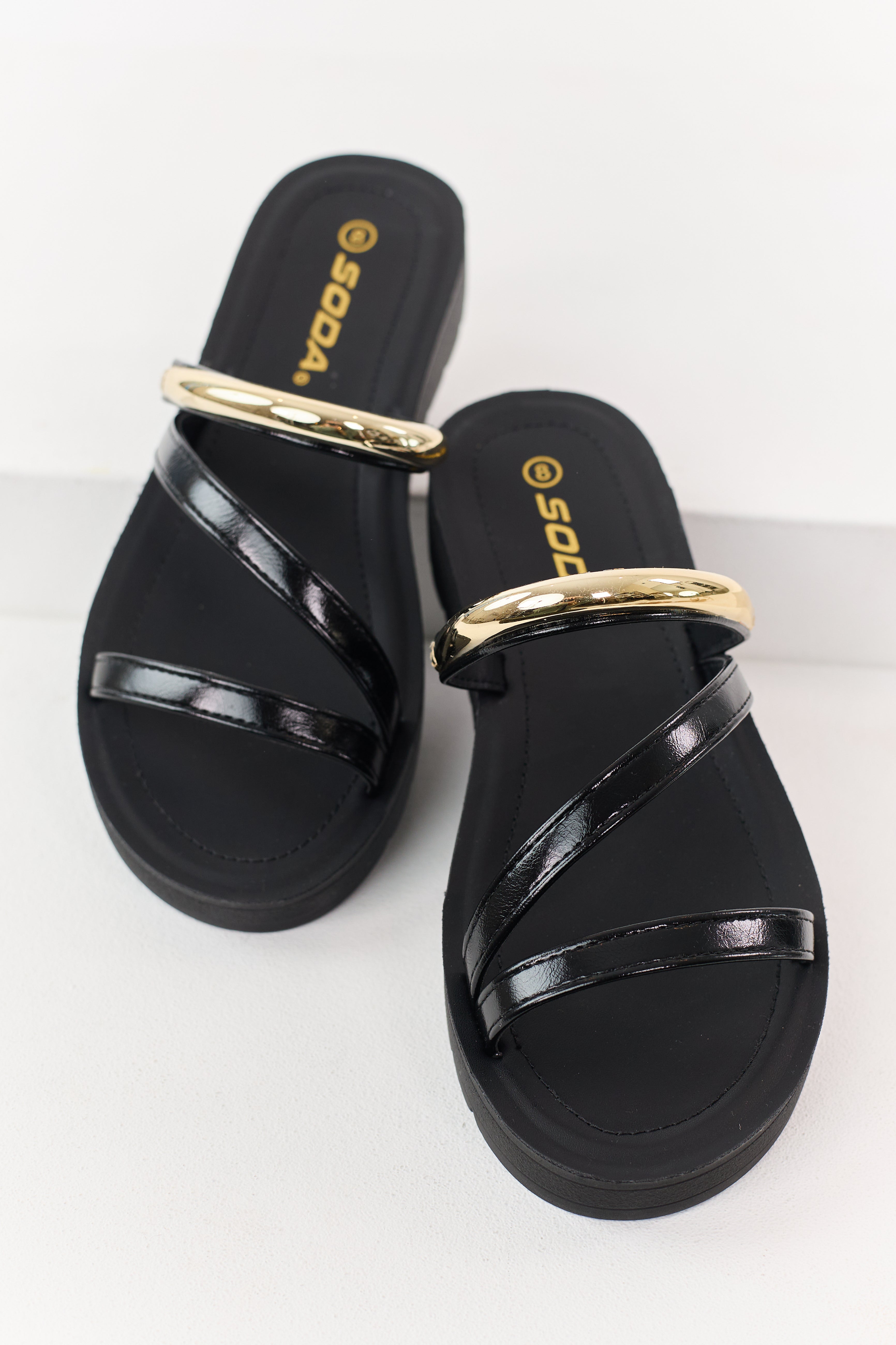 Black Cross Strap Slip On Open Toe Platforms | Lime Lush Boutique