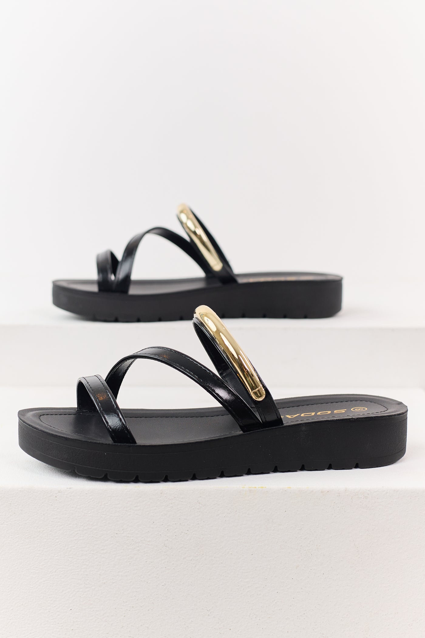 Black Triple Strap Platform Slip On Sandals