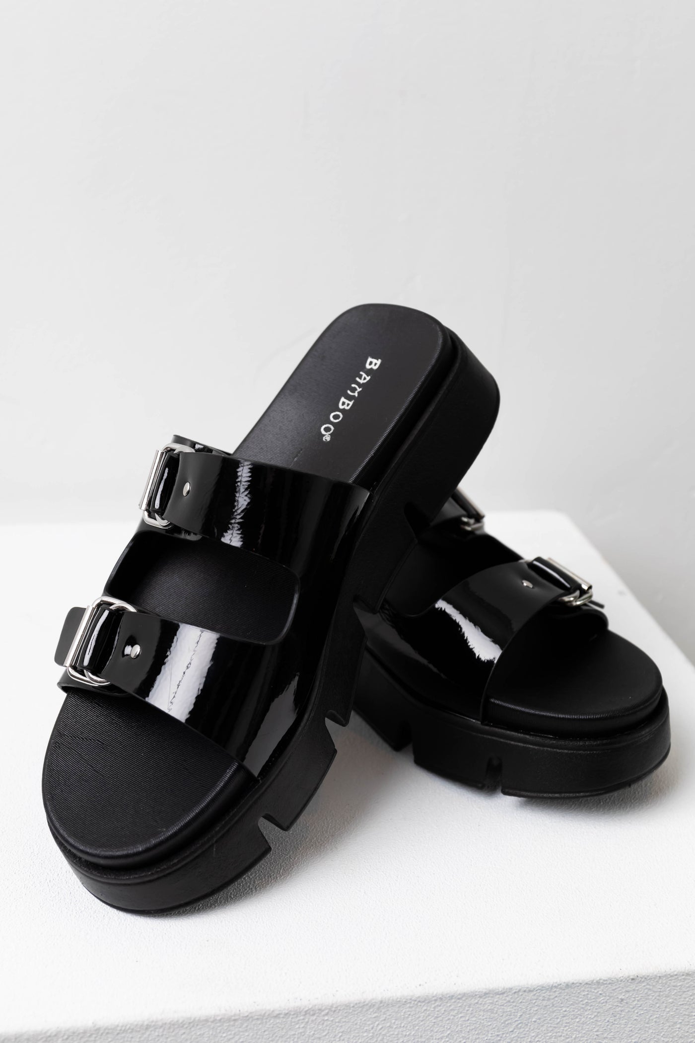 Black Two Buckle Strap Platform Slide Sandals