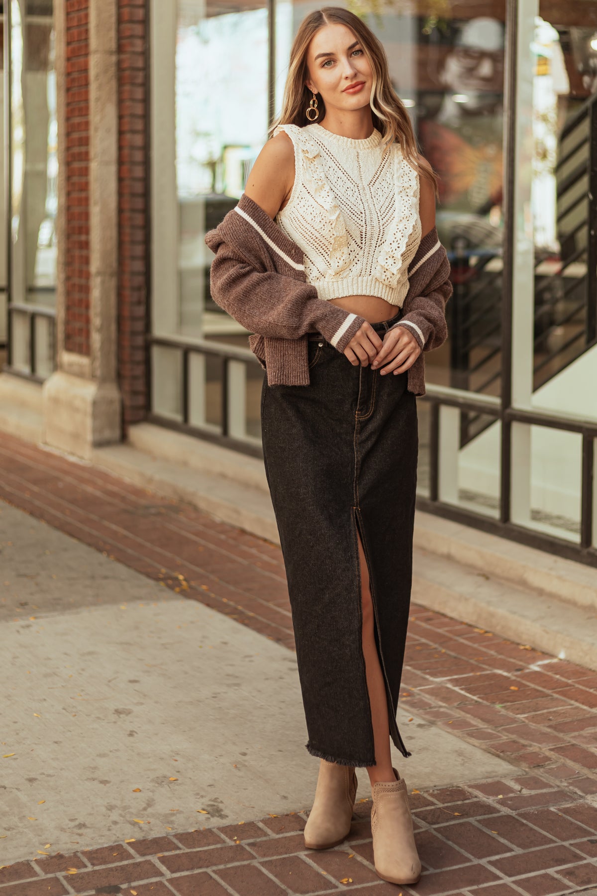 Washed Denim Front Slit Frayed Maxi Skirt
