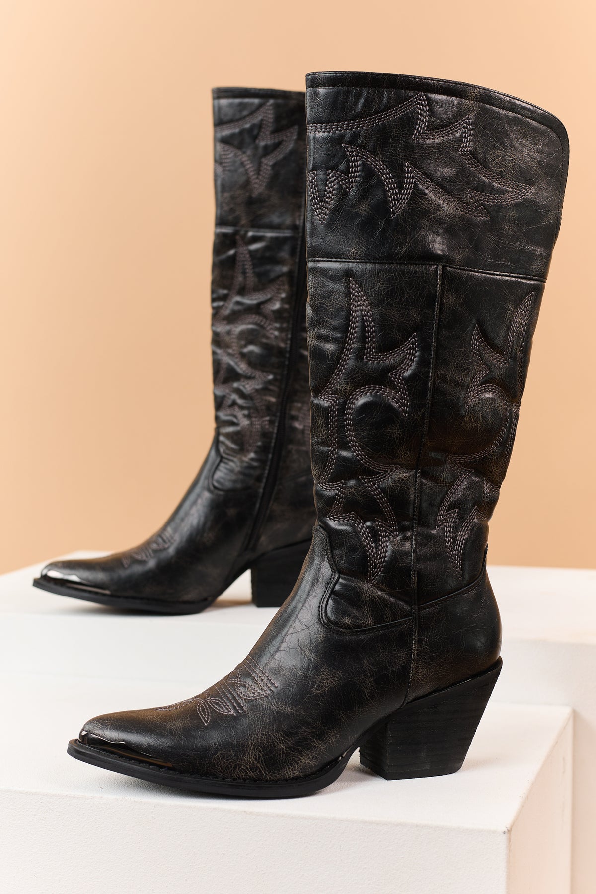 Black Weathered Faux Leather Western Boots