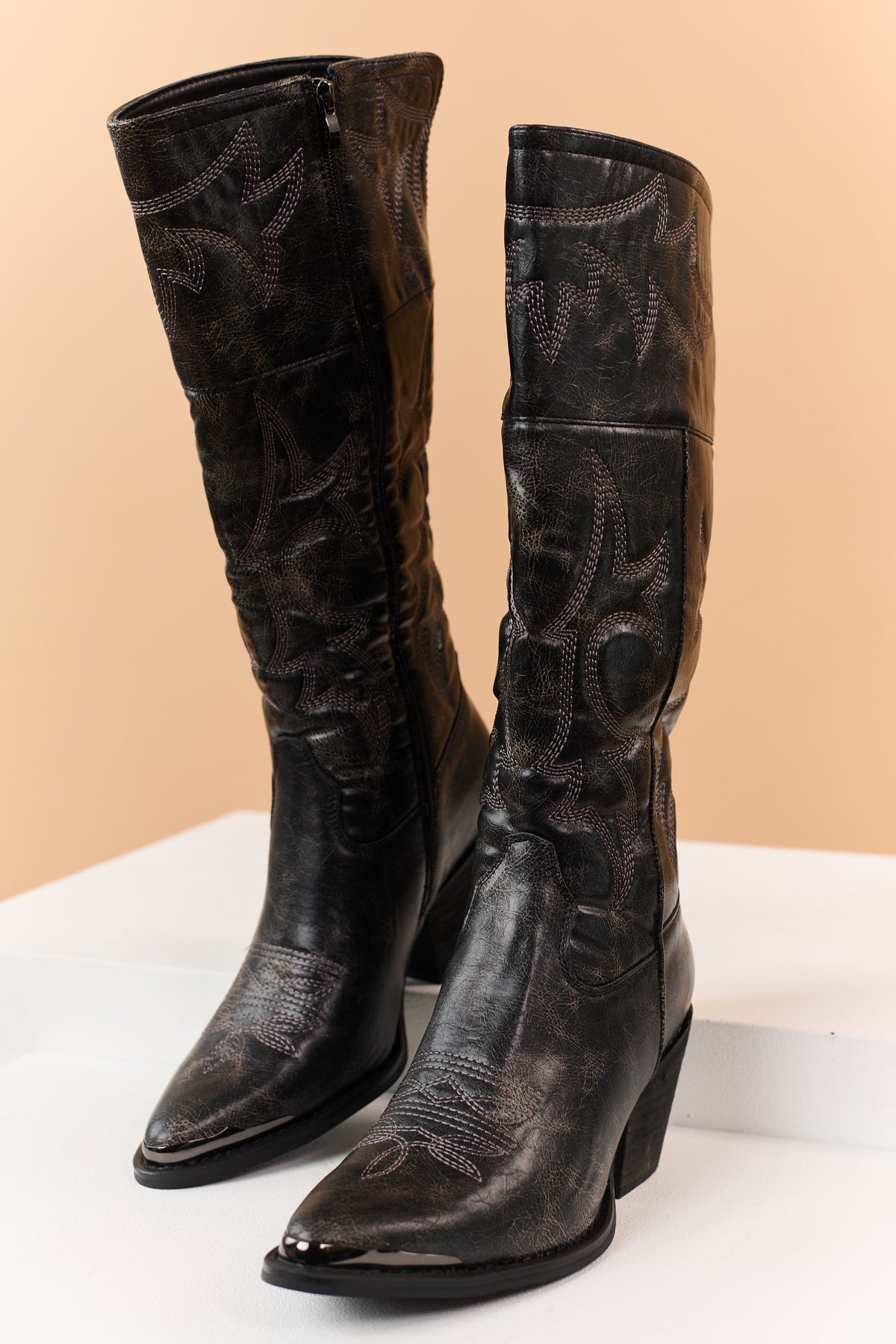 Black Weathered Faux Leather Western Boots