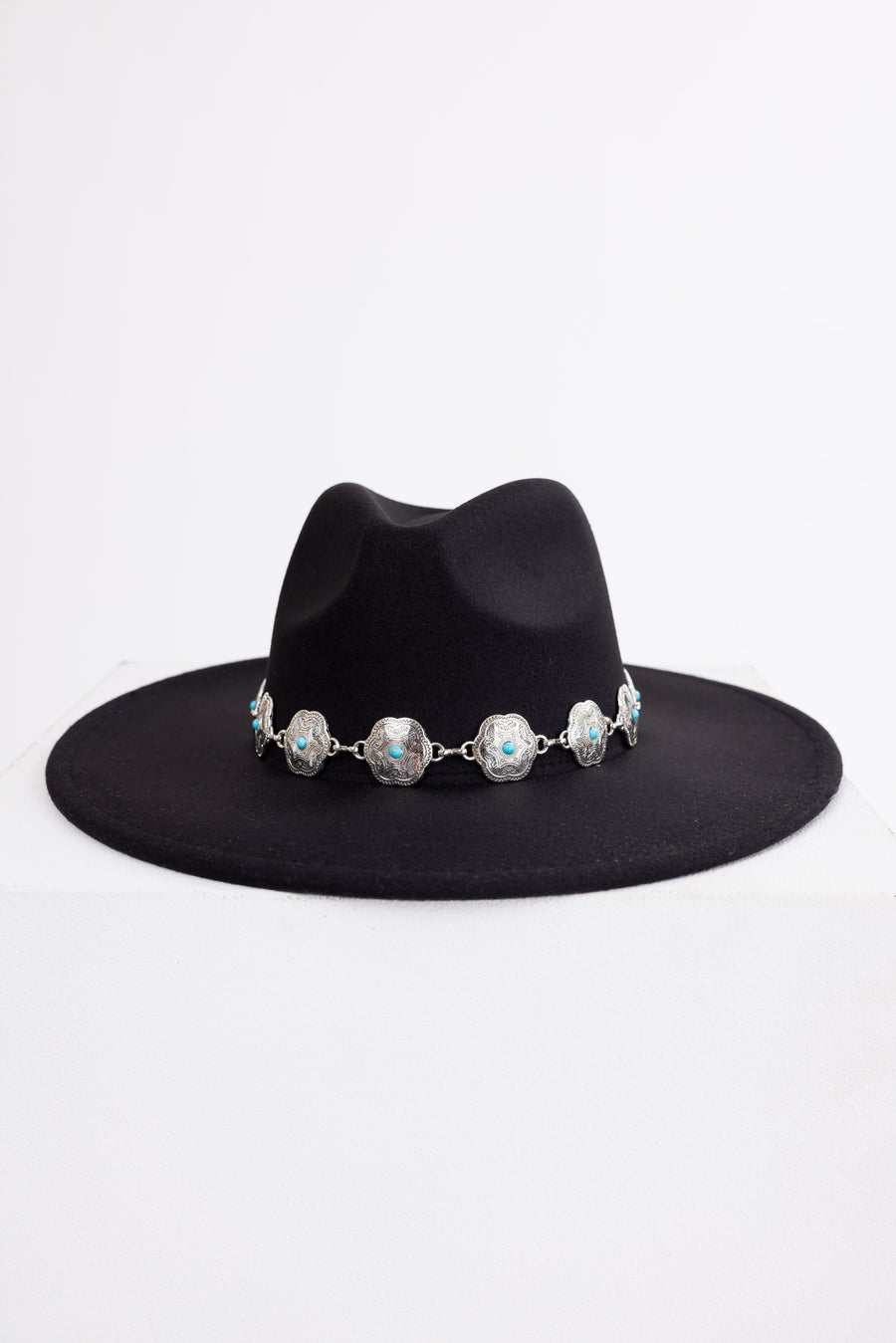 Black Western Chain Felt Flat Brim Hat