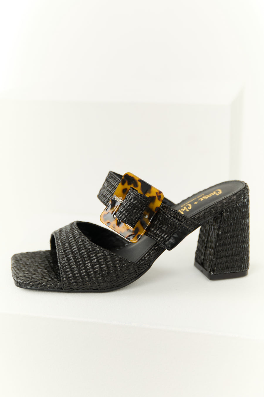 Black Woven Accent Buckle Strap Heels