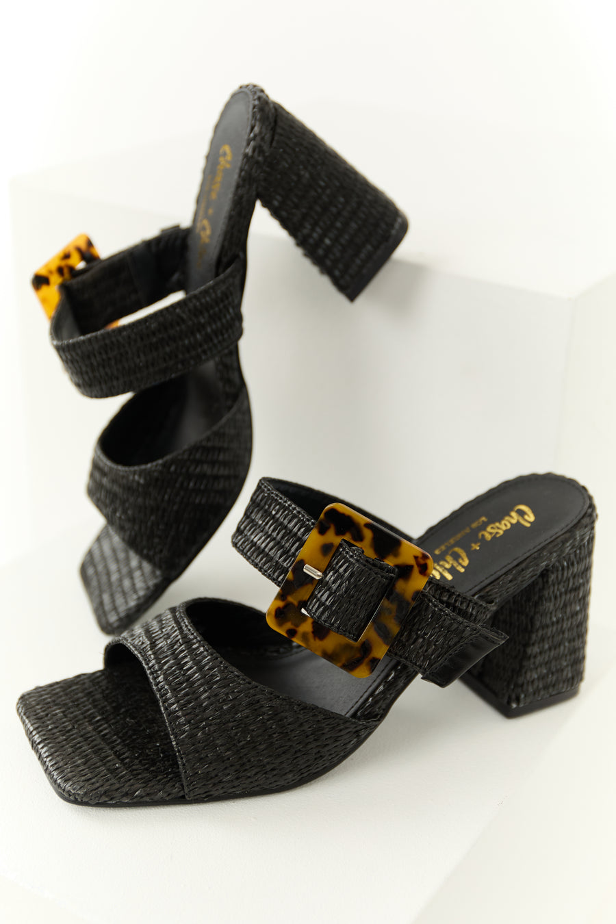 Black Woven Accent Buckle Strap Heels