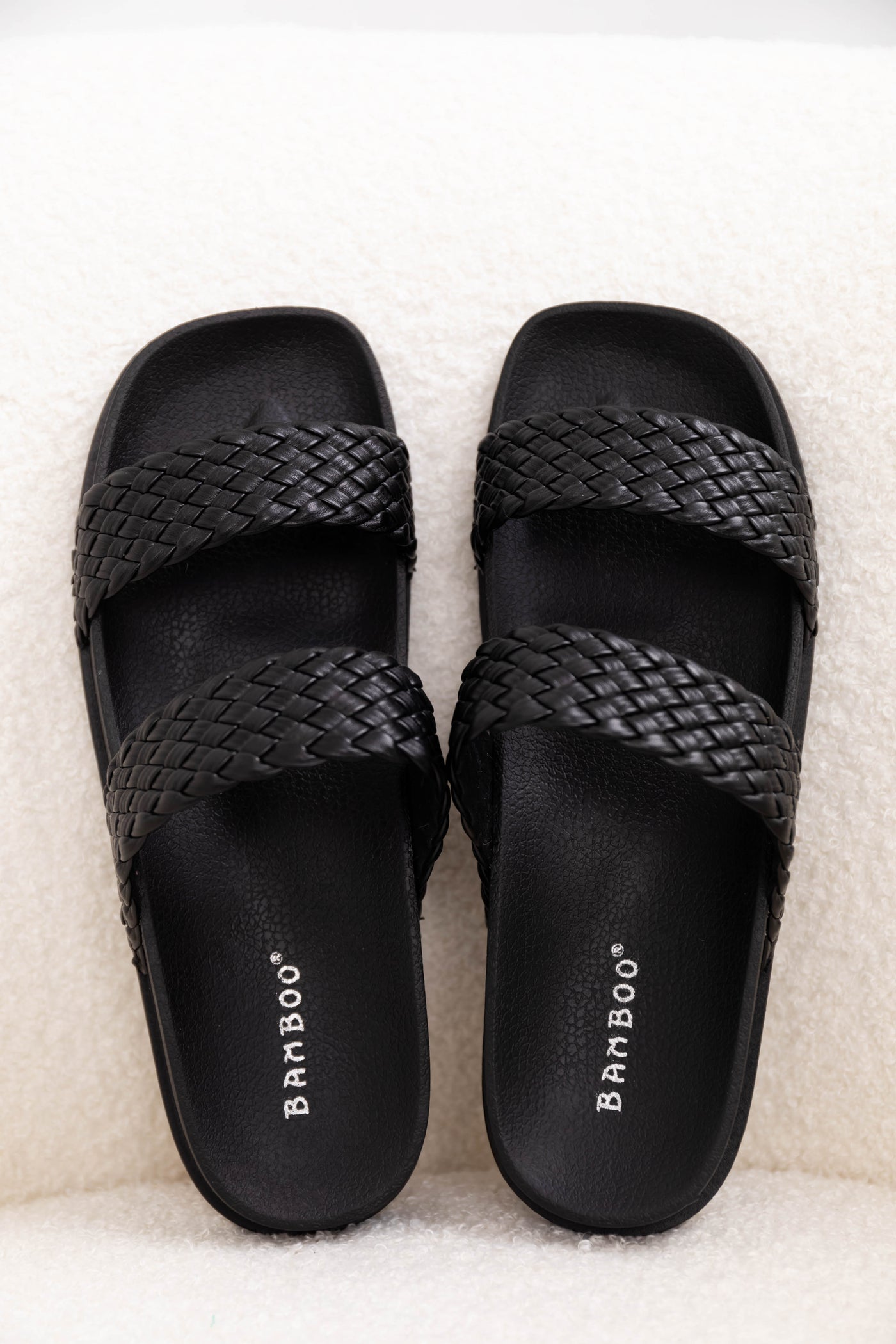 Black Woven Double Strap Slide On Sandals