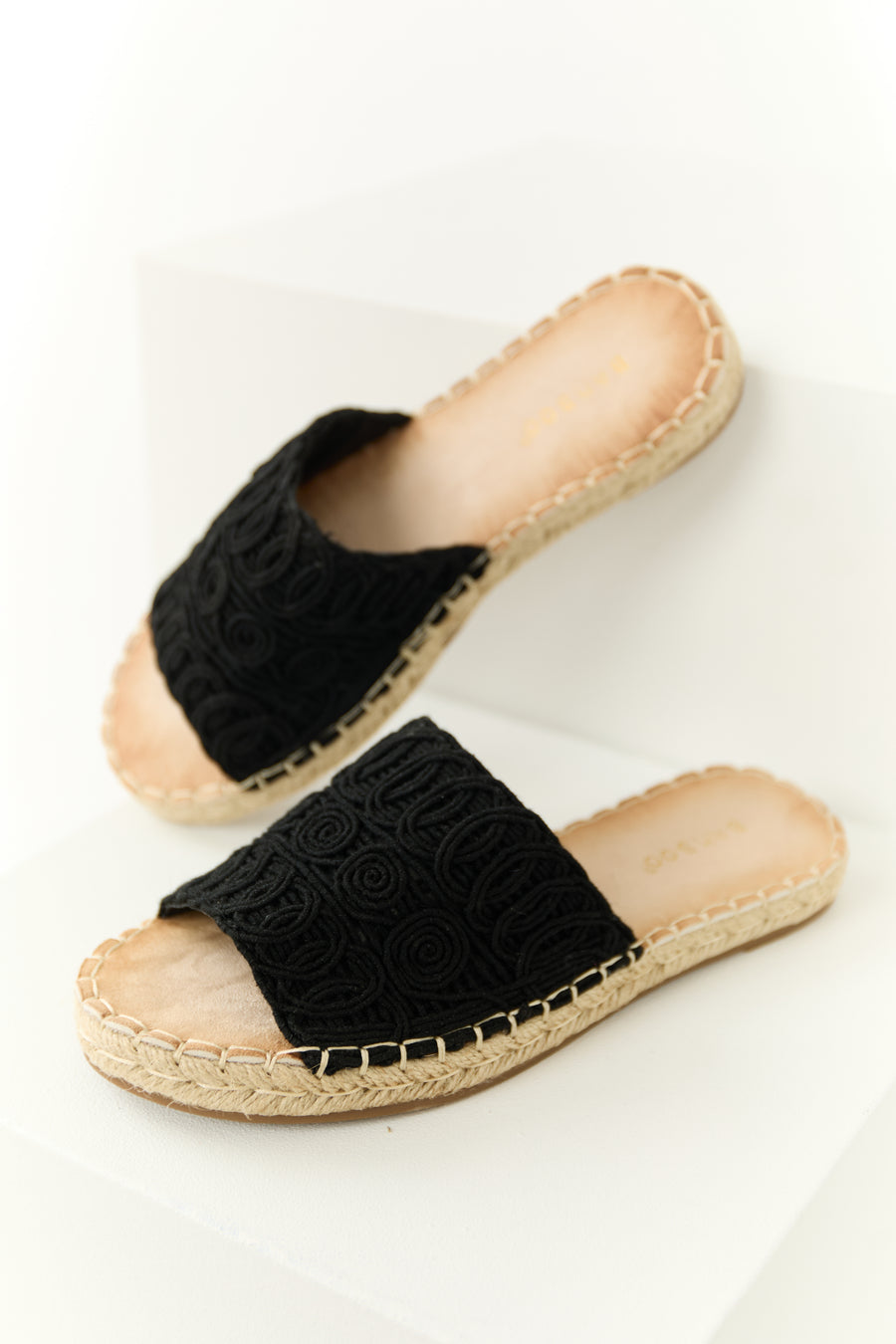Black Woven Lace Espadrille Slide On Sandals