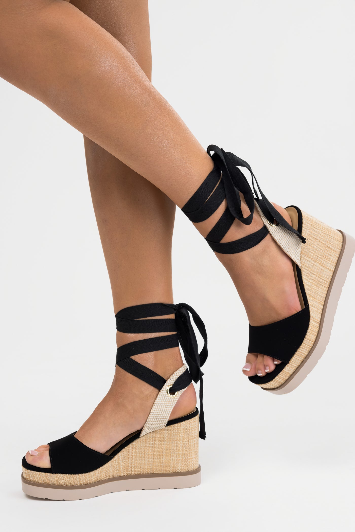 Black Wrapped Ankle Raffia Platform Wedges Lime Lush Boutique