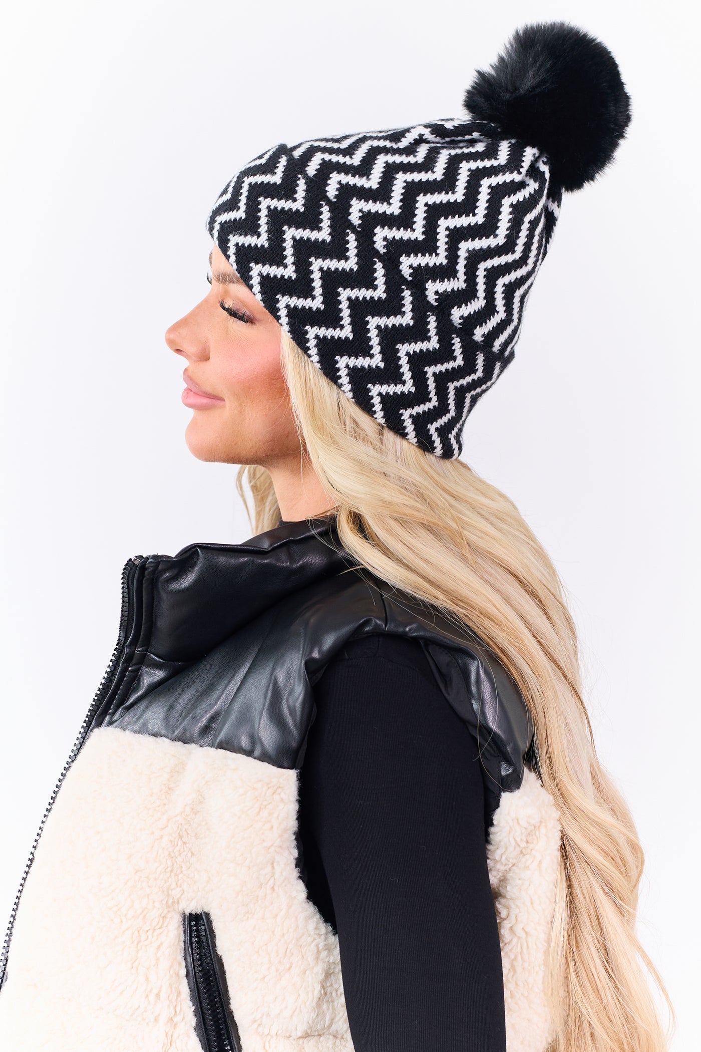 Black Zig Zag Pom Pom Knit Beanie