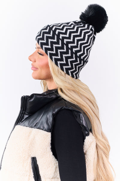 Black Zig Zag Pom Pom Knit Beanie