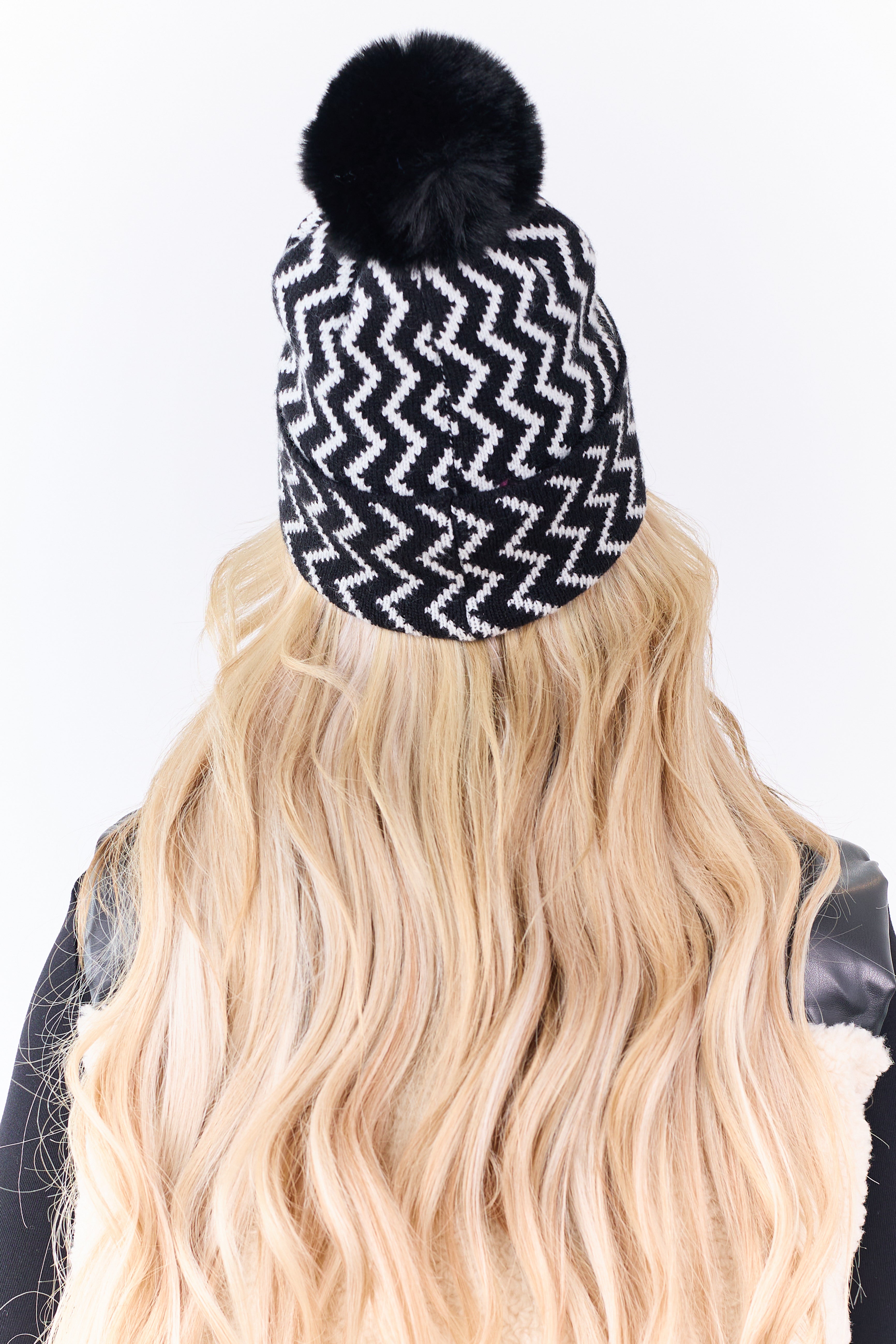 Black Zig Zag Pom Pom Knit Beanie